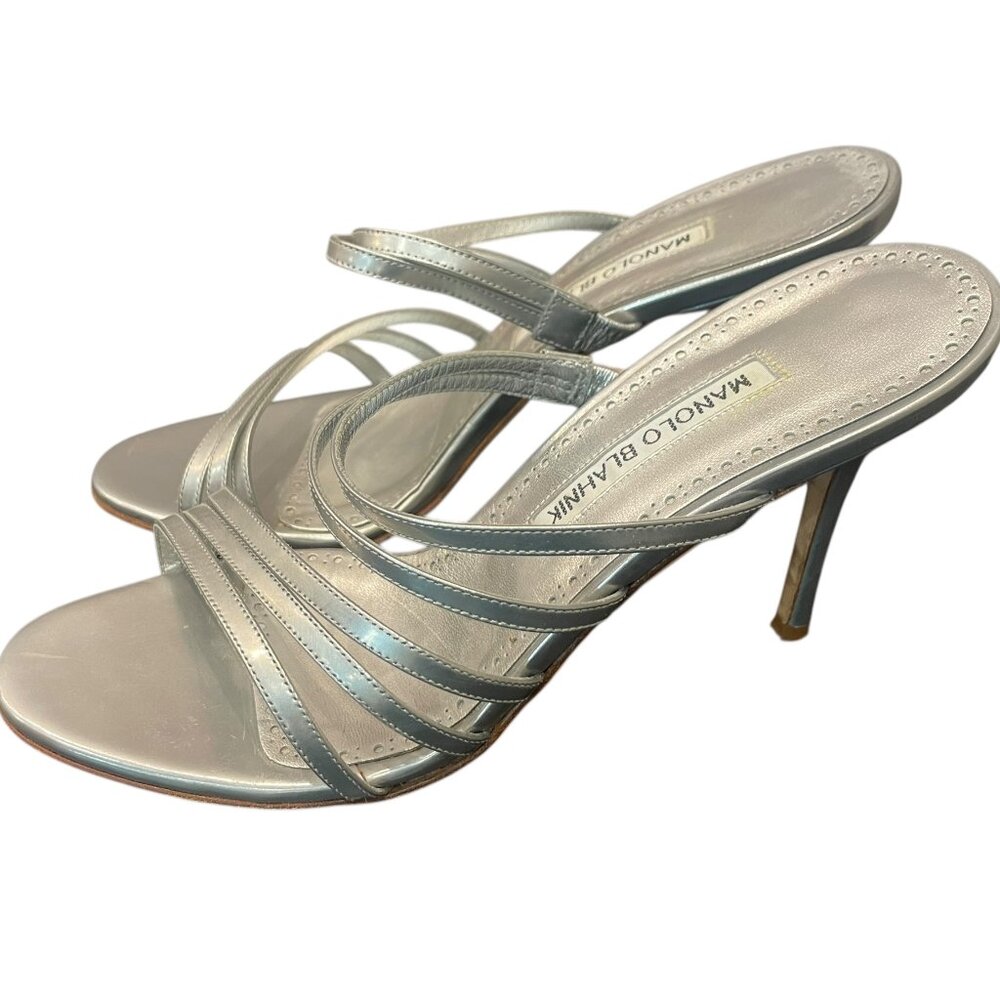 Manolo Blahnik Silver Strappy Heels Sandals Slides Shoes Luxury Sz 38 US 8 Italy
